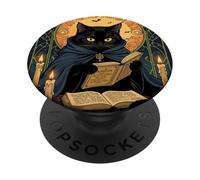 Gatto nero che legge un libro di incantesimi del solstizio PopSockets PopGrip Adesivo