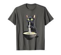Gatto nero che mangia ramen giapponese Kawaii Dainty Cat Opere d'arte Maglietta