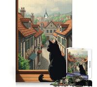 Gatto nero che osserva una città sotto la pioggia - Puzzle da 1000 pezzi per ragazzi - Sviluppo della logica - Gioco rilassante - Bordi nitidi - Regalo memorabile (50x75cm)