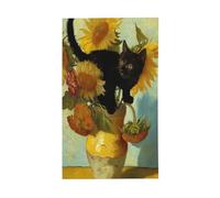 Gatto nero che salta sulla parte superiore dei girasoli bandiere per la casa da cortile, 0,9 x 1,5 m, striscione di auguri con occhielli, decorazioni per interni ed esterni, feste per la casa