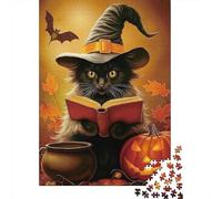 Gatto nero con cappello da strega Puzzle 1000 Pezzi per Adulti Scena di Halloween Set Puzzle 1000 Pezzi Tempo Libero Decorazione Regalo 52x38cm/1000pcs