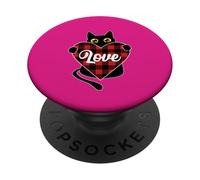 Gatto nero con cuore in tartan rosso bufalo PopSockets PopGrip Adesivo