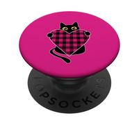 Gatto nero con cuore in tartan rosso grafico PopSockets PopGrip Adesivo