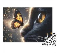 Gatto Nero con Farfalla Puzzle Regalo da 1000 Pezzi per Adulti, Gatto Nero, Farfalla Monarca, Scintille, Premium, Spesso, Resistente, Alta Qualità, Stimolante, Difficile, Antistress 38x26cm/1000pz