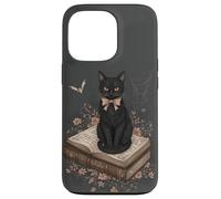 Gatto nero con fiocco su libro degli incantesimi racconti gotici Halloween Custodia per iPhone 13 Pro
