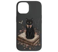 Gatto nero con fiocco su libro degli incantesimi racconti gotici Halloween Custodia per iPhone 14