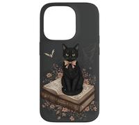 Gatto nero con fiocco su libro degli incantesimi racconti gotici Halloween Custodia per iPhone 14 Pro