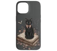 Gatto nero con fiocco su libro degli incantesimi racconti gotici Halloween Custodia per iPhone 15