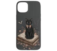 Gatto nero con fiocco su libro degli incantesimi racconti gotici Halloween Custodia per iPhone 15 Plus