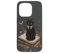 Gatto nero con fiocco su libro degli incantesimi racconti gotici Halloween Custodia per iPhone 15 Pro