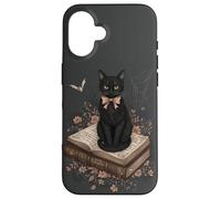 Gatto nero con fiocco su libro degli incantesimi racconti gotici Halloween Custodia per iPhone 16