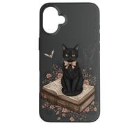 Gatto nero con fiocco su libro degli incantesimi racconti gotici Halloween Custodia per iPhone 16 Plus