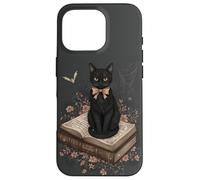 Gatto nero con fiocco su libro degli incantesimi racconti gotici Halloween Custodia per iPhone 16 Pro