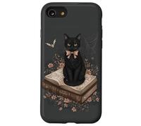 Gatto nero con fiocco su libro degli incantesimi racconti gotici Halloween Custodia per iPhone SE (2020) / 7/8