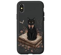 Gatto nero con fiocco su libro degli incantesimi racconti gotici Halloween Custodia per iPhone X/XS