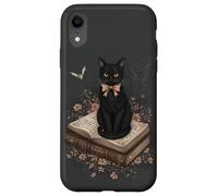 Gatto nero con fiocco su libro degli incantesimi racconti gotici Halloween Custodia per iPhone XR