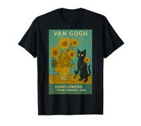 Gatto Nero con Girasoli Vintage Meme Dipinto Art Van Gogh Maglietta