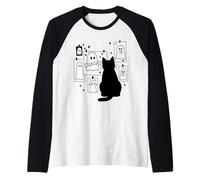 Gatto Nero con Simpatico Fantasma Halloween Art Maglia con Maniche Raglan