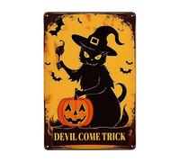 Gatto Nero Con Una Zucca Pronta A Dolcetto. Halloween, Diavolo Viene Il Trucco Cartelli Metallo Vintage Targa In Metallo Decorative Cartello Decorativo Per Soggiorno Cafe Cucina