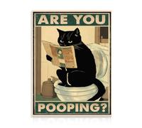 Gatto Nero Divertente Arte da Parete per il Bagno, Segno del Gatto che fa la cacca, Gatto Vintage Seduto sul Water che Legge il Giornale Poster per il Bagno 30x40 cm Senza Cornice