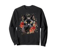 Gatto Nero Floreale Occhi Gialli Rose Rosse Fiori Colorati Felpa