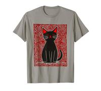 Gatto Nero Folk Art Design - Rosso Boho Retro Elegante Maglietta