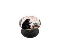 Gatto nero giapponese che beve il tè Arte PopSockets PopGrip Adesivo