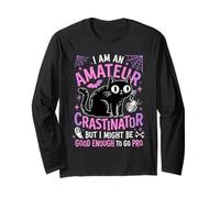 Gatto Nero Halloween Humor Procrastinatore Divertente Maglia a Manica