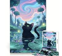 Gatto nero in un magico stagno di ninfee Puzzle da 1000 pezzi per adolescenti Pensiero strategico, calma, distrazione, incastro preciso, regalo sentito (38x26cm)