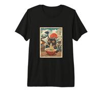 Gatto Nero Mangiare Ramen Giapponese Ukiyo-e Grande Wave Art Maglietta Premium