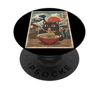 Gatto Nero Mangiare Ramen giapponese Ukiyo-e Grande Wave Art PopSockets PopGrip Adesivo