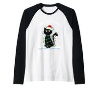Gatto Nero Natale Luce Gatto Che Indossa Cappello di Babbo Natale Merry Catmas Maglia con Maniche Raglan