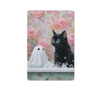 Gatto nero nella vasca da bagno con fantasma bianco, in latta, decorazione artistica da parete per bar, pub, club, caffetteria, fattoria, bianco, 30 x 20 cm