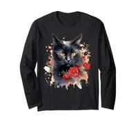 Gatto Nero Occhi Gialli Floreale Rose Rosse Fiori Colorati Maglia a Manica