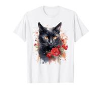 Gatto Nero Occhi Gialli Floreale Rose Rosse Fiori Colorati Maglietta