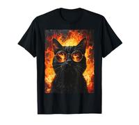 Gatto Nero Occhiali Sole Fuoco Fiamme Divertente Cool Maglietta