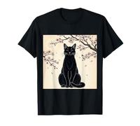 Gatto Nero Sakura Moon Zen Feline Art Maglietta