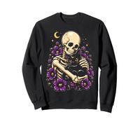 Gatto Nero Scheletro Gotico Floreale Luna Halloween Donne Ragazze Felpa