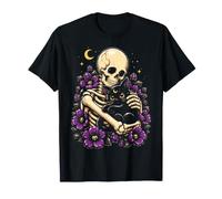 Gatto Nero Scheletro Gotico Floreale Luna Halloween Donne Ragazze Maglietta