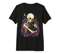 Gatto Nero Scheletro Gotico Floreale Luna Halloween Donne Ragazze Maglietta Premium