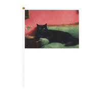 Gatto nero sdraiato sul divano verde foglia di tè piccole bandiere tenute in mano, mini bandiere su bastone per feste, attività di squadra, sfilate, decorazione per le vacanze, confezione da 10