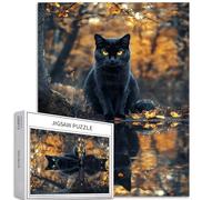 Gatto nero seduto vicino al lago Puzzle da 1000 pezzi per adulti Autunno Foresta Sfondo Art Puzzle impegnativo Giochi di attività familiari colorati fai da te Puzzle per decorazioni per la casa Regali