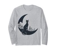 Gatto Nero su Luna Crescente Foresta Halloween Strega Maglia a Manica