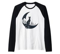 Gatto Nero su Luna Crescente Foresta Halloween Strega Maglia con Maniche Raglan