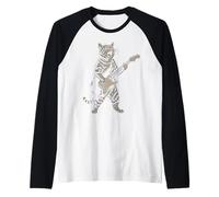 Gatto retrò Che Suona la Chitarra Stile Boho Anni '90 Amante della Musica Arte Maglia con Maniche Raglan