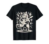 Gatto Rock Vintage Che Suona la Chitarra Divertente Animale Musica Arte Maglietta
