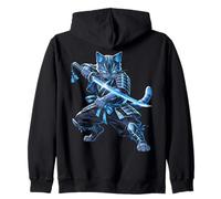 Gatto Samurai Blue Warrior Katana Sword Anime Ninja Felpa con Cappuccio