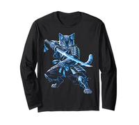 Gatto Samurai Blue Warrior Katana Sword Anime Ninja Maglia a Manica