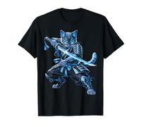 Gatto Samurai Blue Warrior Katana Sword Anime Ninja Maglietta