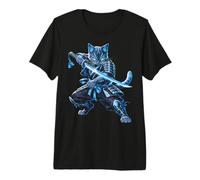 Gatto Samurai Blue Warrior Katana Sword Anime Ninja Maglietta Premium